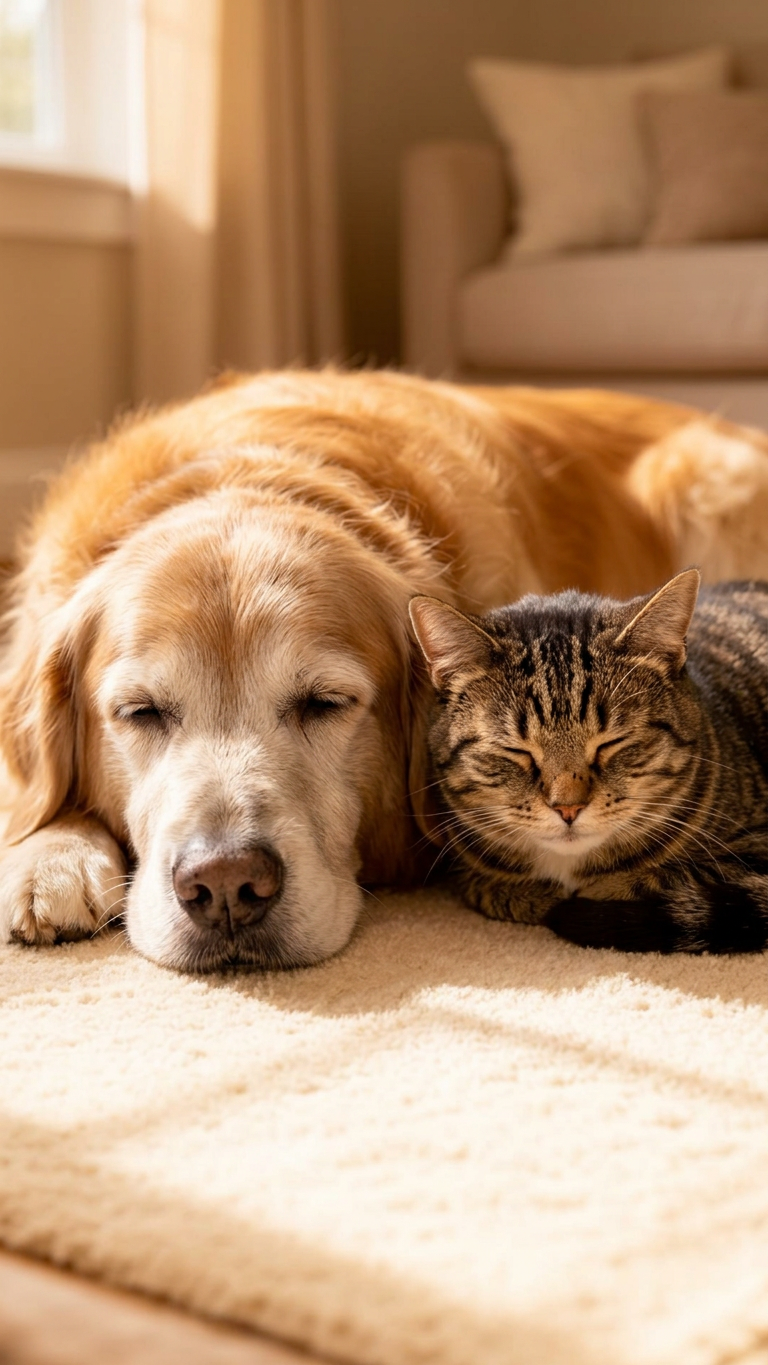 A gentle senior golden retriever with a grey muzzle and a serene tabby cat resting peacefully together on a cream rug in a sunlit living room